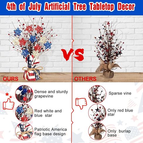2 Pcs 4th of July Artificial Tree Tabletop Decor Patriotic Tree Red Blue White Artificial Berry Stem Picks Star Shaped Rattan Balls America Flag Cotton Base Farmhouse Tree for Independence Day in Kuwait