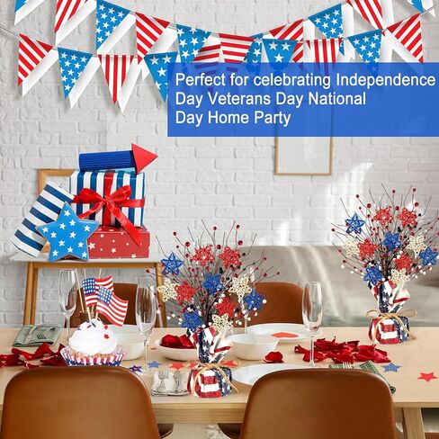 2 Pcs 4th of July Artificial Tree Tabletop Decor Patriotic Tree Red Blue White Artificial Berry Stem Picks Star Shaped Rattan Balls America Flag Cotton Base Farmhouse Tree for Independence Day in Kuwait