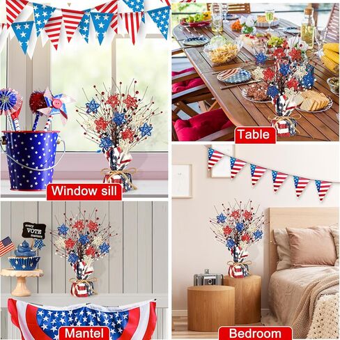 2 Pcs 4th of July Artificial Tree Tabletop Decor Patriotic Tree Red Blue White Artificial Berry Stem Picks Star Shaped Rattan Balls America Flag Cotton Base Farmhouse Tree for Independence Day in Kuwait