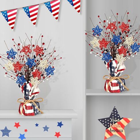 2 Pcs 4th of July Artificial Tree Tabletop Decor Patriotic Tree Red Blue White Artificial Berry Stem Picks Star Shaped Rattan Balls America Flag Cotton Base Farmhouse Tree for Independence Day in Kuwait