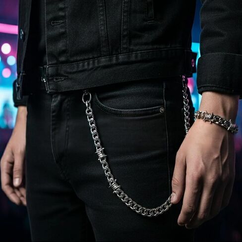 مجموعة سلسلة وسوار من الفولاذ المقاوم للصدأ، سلسلة بنطلون مقاس 26.38 بوصة مع مشبك مزدوج على شكل جراد البحر + سوار مقاس 9 بوصات، إكسسوارات ملابس الشارع فضية للرجال والنساء in Kuwait