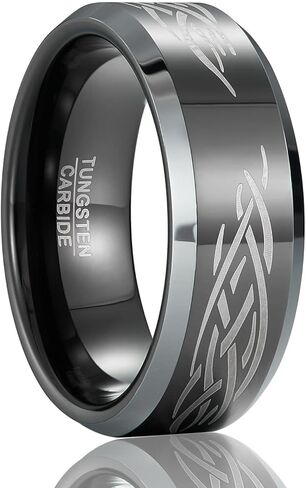 Tungsten Wedding Band for Men, 8mm Wide Laser-Etched Pattern, Comfort Fit Modern Fashion Ring in Kuwait