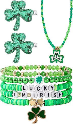 مجموعة أساور عيد القديس باتريك - 3 قطع من إكسسوارات عيد القديس باتريك مع قلادة سوار مطرزة بشعر نبات النفل للنساء، لوازم زينة أوراق خضراء لحفلة بطابع الربيع in Kuwait