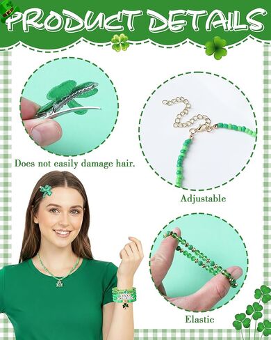 مجموعة أساور عيد القديس باتريك - 3 قطع من إكسسوارات عيد القديس باتريك مع قلادة سوار مطرزة بشعر نبات النفل للنساء، لوازم زينة أوراق خضراء لحفلة بطابع الربيع in Kuwait