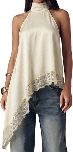 Women Y2K Halter Neck Backless Top Sleeveless Lace Trim Camisole Summer Asymmetrical Going Out Satin Tank Tops in Kuwait