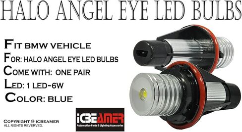 ICBEAMER LED Angel Eyes Halo Ring Marker Light، اللون: أزرق متوافق مع BMW E39 E53 E60 E61 E63 E64 E65 E66 E87 LED 12V 6W، استبدل مصابيح إضاءة مصنع OEM، [عبوة من قطعتين] in Kuwait