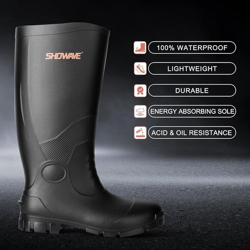 Showave Men's Rain Boots with Reinforced Steel Shank Waterproof Rubber Boots Durable Concrete Boot Outdoor Work Boots Lightweight Mud Boots Plain Toe for Agriculture Industrial in Saudi Arabia