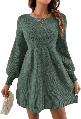 Women's Knit Pullover Jumper Sweater Dress Solid Lantern Sleeve Short Sweater Dress Round Neck High Waist in Saudi Arabia