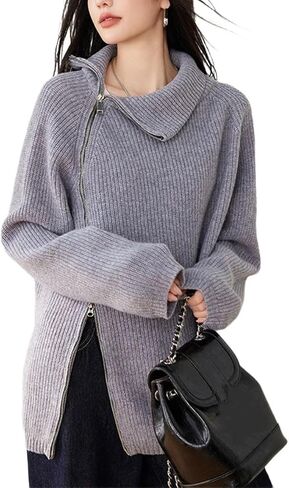 Women Asymmetric Zipper Knit Sweater Turtleneck Pullover Loose Long Sleeve Casual Fashion Autumn Winter Tops in Saudi Arabia