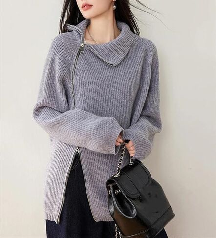Women Asymmetric Zipper Knit Sweater Turtleneck Pullover Loose Long Sleeve Casual Fashion Autumn Winter Tops in Saudi Arabia