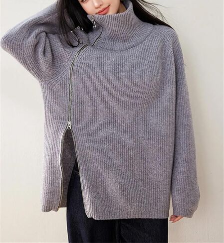 Women Asymmetric Zipper Knit Sweater Turtleneck Pullover Loose Long Sleeve Casual Fashion Autumn Winter Tops in Saudi Arabia
