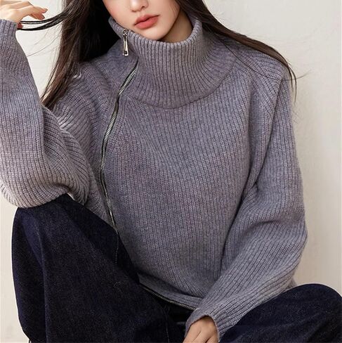 Women Asymmetric Zipper Knit Sweater Turtleneck Pullover Loose Long Sleeve Casual Fashion Autumn Winter Tops in Saudi Arabia