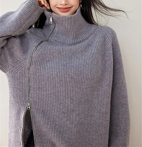 Women Asymmetric Zipper Knit Sweater Turtleneck Pullover Loose Long Sleeve Casual Fashion Autumn Winter Tops in Saudi Arabia