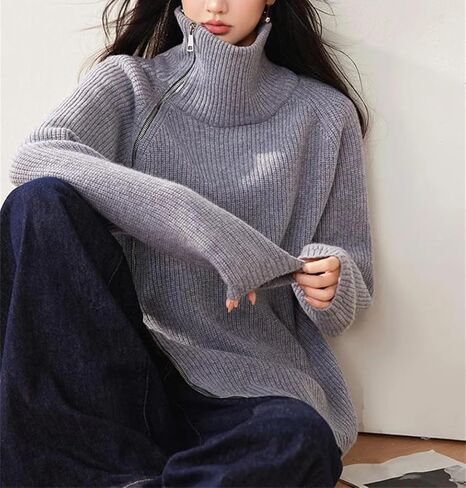Women Asymmetric Zipper Knit Sweater Turtleneck Pullover Loose Long Sleeve Casual Fashion Autumn Winter Tops in Saudi Arabia