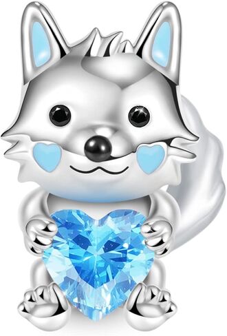GNOCE Cute Animal Embraces Heart Charms Bead 925 Sterling Silver Wolf Fox Gemstone Charms Fit Snake Chain Bracelets/Necklace Jewelry Gift For Women Wife (Wolf 2) in Saudi Arabia