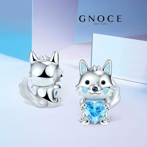 GNOCE Cute Animal Embraces Heart Charms Bead 925 Sterling Silver Wolf Fox Gemstone Charms Fit Snake Chain Bracelets/Necklace Jewelry Gift For Women Wife (Wolf 2) in Saudi Arabia