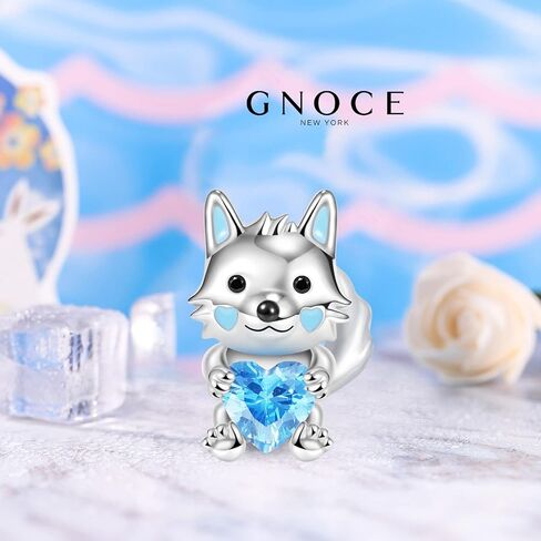 GNOCE Cute Animal Embraces Heart Charms Bead 925 Sterling Silver Wolf Fox Gemstone Charms Fit Snake Chain Bracelets/Necklace Jewelry Gift For Women Wife (Wolf 2) in Saudi Arabia