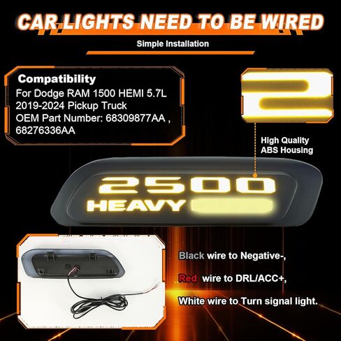 Front Bumper Hood Emble Replacement Side Marker Light Compatible With Dodge RAM 1500 HEMI 5.7L 2019-2024 (LH+RH) LED Marker Lamp w/White Daytime Running Light DRL & Amber Turn Signal Light in Kuwait