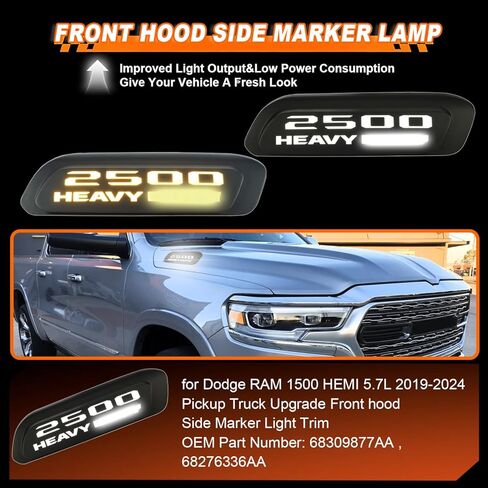 Front Bumper Hood Emble Replacement Side Marker Light Compatible With Dodge RAM 1500 HEMI 5.7L 2019-2024 (LH+RH) LED Marker Lamp w/White Daytime Running Light DRL & Amber Turn Signal Light in Kuwait
