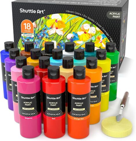 Shuttle Art 18 Colors Acrylic Paint Bottle Set (250ml/8.45oz), Rich Pigmented Bulk Painting Supplies for Artists, Beginners and Kids on Rocks Crafts Canvas Wood Ceramic in Kuwait