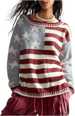 SweatyRocks Women's Striped Star Sweaters Color Block Long Sleeve Crewneck Knit Tops in Saudi Arabia