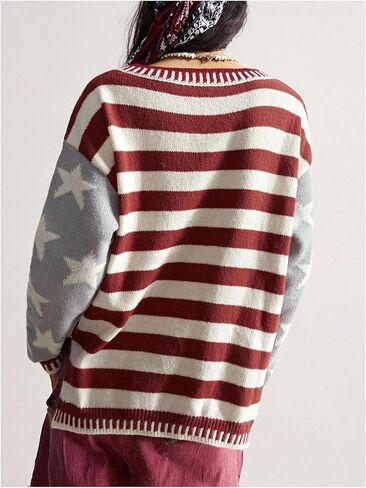 SweatyRocks Women's Striped Star Sweaters Color Block Long Sleeve Crewneck Knit Tops in Saudi Arabia