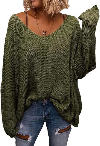 Women's Knit Loose Oversized Sweater Pullover Off The Shoulder Sweaters V Neck Slouchy Slouchy Top Clothes in Saudi Arabia