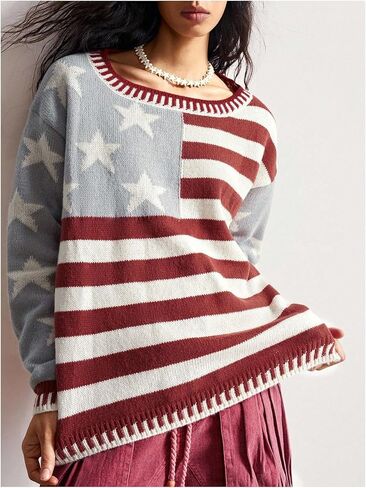 SweatyRocks Women's Striped Star Sweaters Color Block Long Sleeve Crewneck Knit Tops in Saudi Arabia