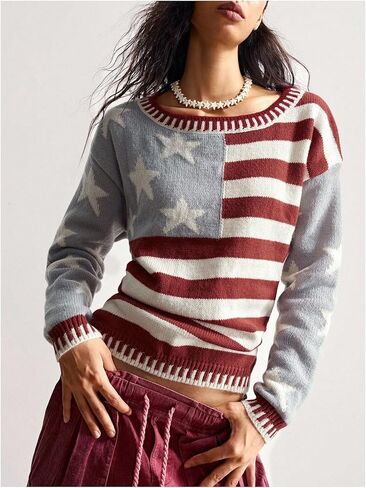 SweatyRocks Women's Striped Star Sweaters Color Block Long Sleeve Crewneck Knit Tops in Saudi Arabia