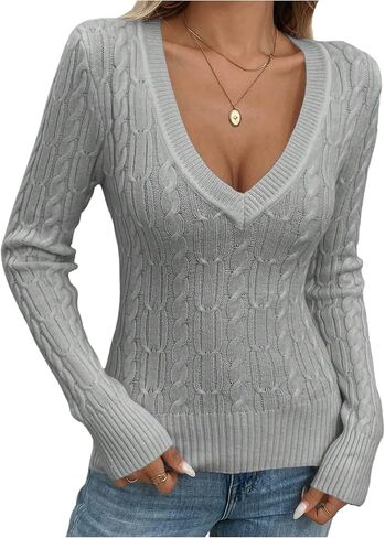 Verdusa Women's Cable Knit Sweater Deep V Neck Pullovers Elegant Fall Basic Tops in Saudi Arabia