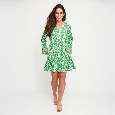 Elsie & Zoey Midi Dress Elia Long Bell Sleeve V-Neck Tiered Skirt in Saudi Arabia