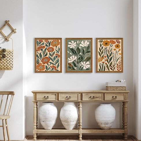 InspiredHues 3 قطعة مجردة بوهو الزهور قماش جدار الفن، الأخضر البيج زهرة سوق ديكور الحائط، الحد الأدنى الملونة النباتات الفنية يطبع لغرفة المعيشة غرفة نوم مكتب 12x16 بوصة الخشب مؤطرة in Saudi Arabia