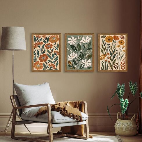 InspiredHues 3 قطعة مجردة بوهو الزهور قماش جدار الفن، الأخضر البيج زهرة سوق ديكور الحائط، الحد الأدنى الملونة النباتات الفنية يطبع لغرفة المعيشة غرفة نوم مكتب 12x16 بوصة الخشب مؤطرة in Saudi Arabia