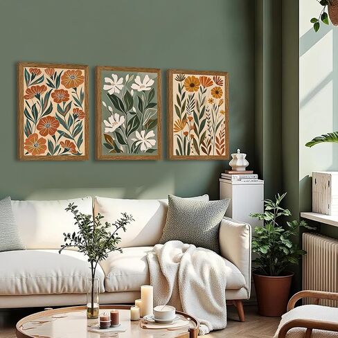 InspiredHues 3 قطعة مجردة بوهو الزهور قماش جدار الفن، الأخضر البيج زهرة سوق ديكور الحائط، الحد الأدنى الملونة النباتات الفنية يطبع لغرفة المعيشة غرفة نوم مكتب 12x16 بوصة الخشب مؤطرة in Saudi Arabia