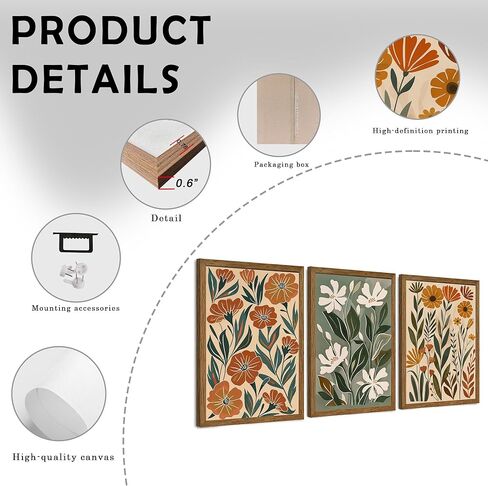 InspiredHues 3 قطعة مجردة بوهو الزهور قماش جدار الفن، الأخضر البيج زهرة سوق ديكور الحائط، الحد الأدنى الملونة النباتات الفنية يطبع لغرفة المعيشة غرفة نوم مكتب 12x16 بوصة الخشب مؤطرة in Saudi Arabia