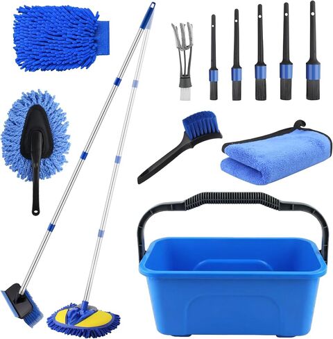 طقم غسيل السيارة 17 قطعة مع دلو، طقم تنظيف السيارة مع ممسحة فرشاة غسيل السيارة بمقبض طويل 62 بوصة، فرشاة عجلة منفضة القفاز، منشفة فرش تفصيلية، مستلزمات غسيل السيارات للسيارات RV الشاحنة الخارجية والداخلية in Kuwait