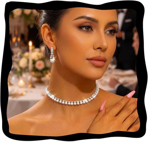 Aukmla Bridal Wedding Jewelry Set Silver Sparkly Pearl Choker Necklace Earrings Sets Rhinestone Prom Jewelry for Women and Brides in Saudi Arabia