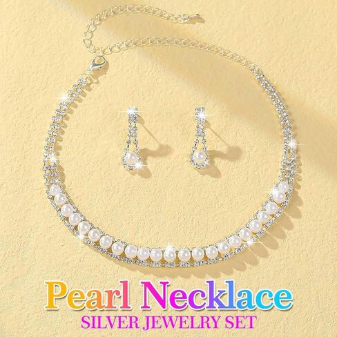 Aukmla Bridal Wedding Jewelry Set Silver Sparkly Pearl Choker Necklace Earrings Sets Rhinestone Prom Jewelry for Women and Brides in Saudi Arabia