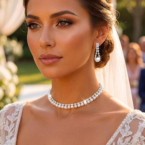 Aukmla Bridal Wedding Jewelry Set Silver Sparkly Pearl Choker Necklace Earrings Sets Rhinestone Prom Jewelry for Women and Brides in Saudi Arabia