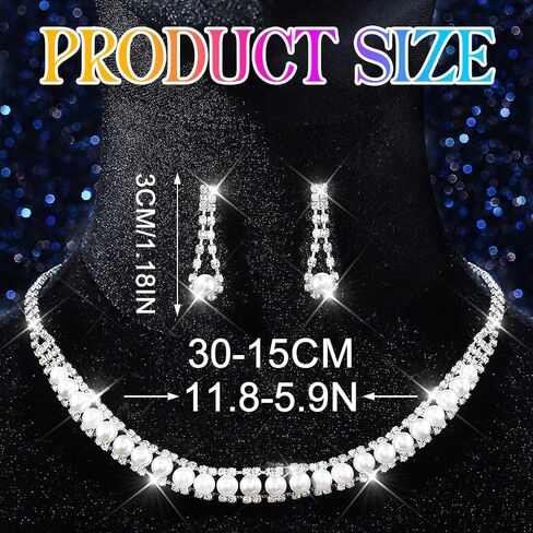 Aukmla Bridal Wedding Jewelry Set Silver Sparkly Pearl Choker Necklace Earrings Sets Rhinestone Prom Jewelry for Women and Brides in Saudi Arabia