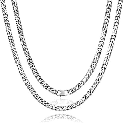 SanThree 7MM Pure Titanium Cuban Link Chain Necklace Valentines Gift for Him, Diamond Cut Skin Friendly Solid Titanium Chunky Double Tight Curb Chain Necklaces for Men Women Sensitive Skin Hip Hop Jewelry in Kuwait