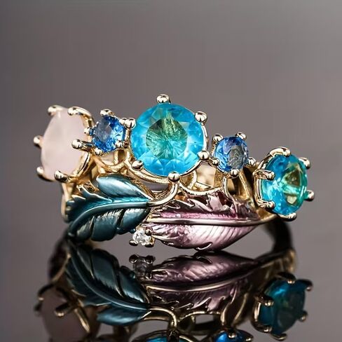 Blue Cubic Zirconia Feather Ring for Women, Gold Adjustable Boho Statement Open Band Rings Elegant Jewelry Gift for Weddings Vacations Birthdays in Kuwait