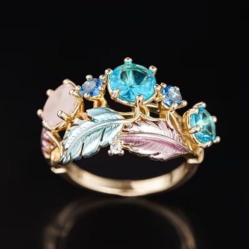 Blue Cubic Zirconia Feather Ring for Women, Gold Adjustable Boho Statement Open Band Rings Elegant Jewelry Gift for Weddings Vacations Birthdays in Kuwait