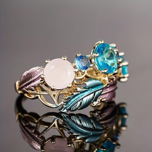 Blue Cubic Zirconia Feather Ring for Women, Gold Adjustable Boho Statement Open Band Rings Elegant Jewelry Gift for Weddings Vacations Birthdays in Kuwait