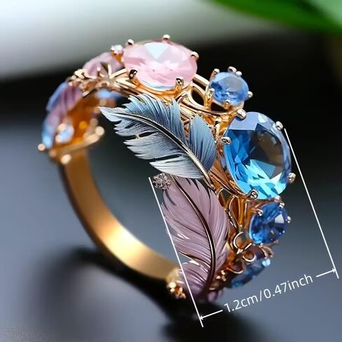 Blue Cubic Zirconia Feather Ring for Women, Gold Adjustable Boho Statement Open Band Rings Elegant Jewelry Gift for Weddings Vacations Birthdays in Kuwait