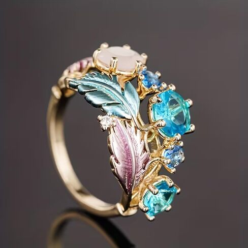 Blue Cubic Zirconia Feather Ring for Women, Gold Adjustable Boho Statement Open Band Rings Elegant Jewelry Gift for Weddings Vacations Birthdays in Kuwait