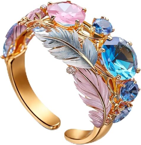 Blue Cubic Zirconia Feather Ring for Women, Gold Adjustable Boho Statement Open Band Rings Elegant Jewelry Gift for Weddings Vacations Birthdays in Saudi Arabia