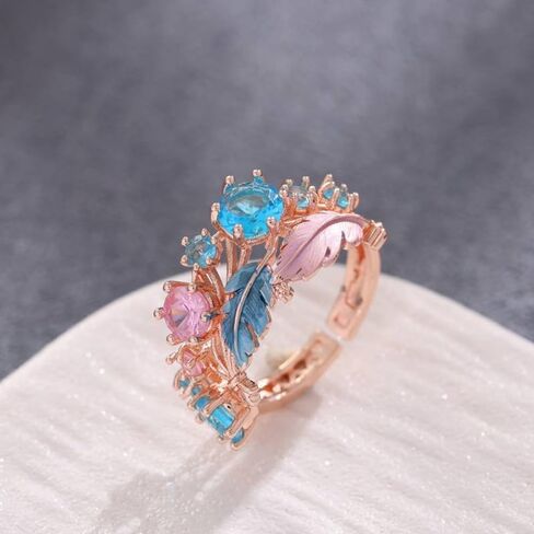 Blue Cubic Zirconia Feather Ring for Women, Gold Adjustable Boho Statement Open Band Rings Elegant Jewelry Gift for Weddings Vacations Birthdays in Saudi Arabia