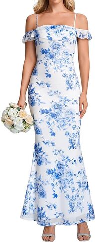 Summer Floral Bodycon Long Formal Wedding Guest Dresses for Women Elegant Off The Shoulder Ruched Cocktail Party Maxi Dress in Saudi Arabia