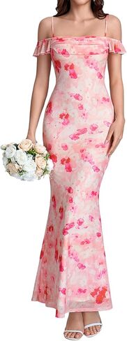 Summer Floral Bodycon Long Formal Wedding Guest Dresses for Women Elegant Off The Shoulder Ruched Cocktail Party Maxi Dress in Kuwait